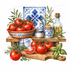 Może przedstawiać: Akwarelowa ilustracja rustykalnej włoskiej kuchni. Drewniana deska do krojenia z dojrzałymi pomidorami i bazylią. Miska z pomidorami, oliwą z oliwek i niebiesko-białymi ceramicznymi słoikami stoi na drewnianej półce, z niebiesko-białą płytką w tle.
