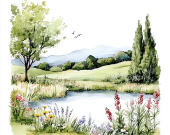 春の草原の水彩画クリップアート：風景イラスト（デジタルダウンロード