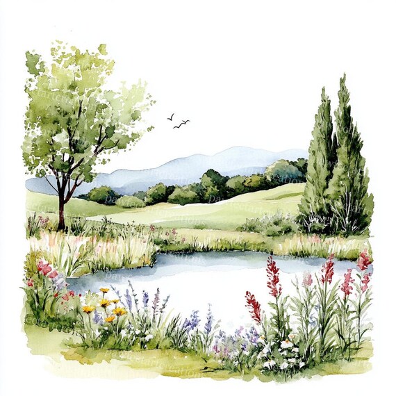 春の草原の水彩画クリップアート：風景イラスト（デジタルダウンロード
