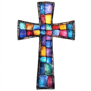 May include: A colorful cross design with a stained glass effect. The cross is filled with various rectangular shapes in shades of blue, red, yellow, orange, and purple. The cross has a dark border and is set against a white background.