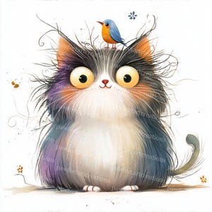 12 Frazzled Cat with Bird Clipart, Quirky Cat, Card Making, Printable Watercolor, Wysokiej jakości JPG, Papercraft Junk Journal, Digital Craft