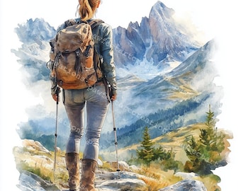 Watercolor Woman Hiking Clipart: Mountain Adventure JPGs (Digital Download)