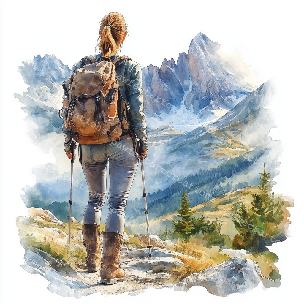 登山（水彩画） 水彩画のハイキング女性クリップアート：山の冒険 JPG（デジタル