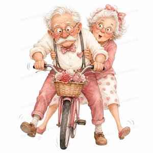 20 Old Couple Bicycle Ride Clipart, senior couple art Watercolor JPGs, Digital Download, Commercial Use