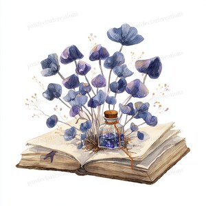 May include: Watercolor illustration of an open book with blue flowers and a small glass bottle. The book has a brown cover and a purple ribbon bookmark. The bottle contains a blue liquid and has a cork stopper.