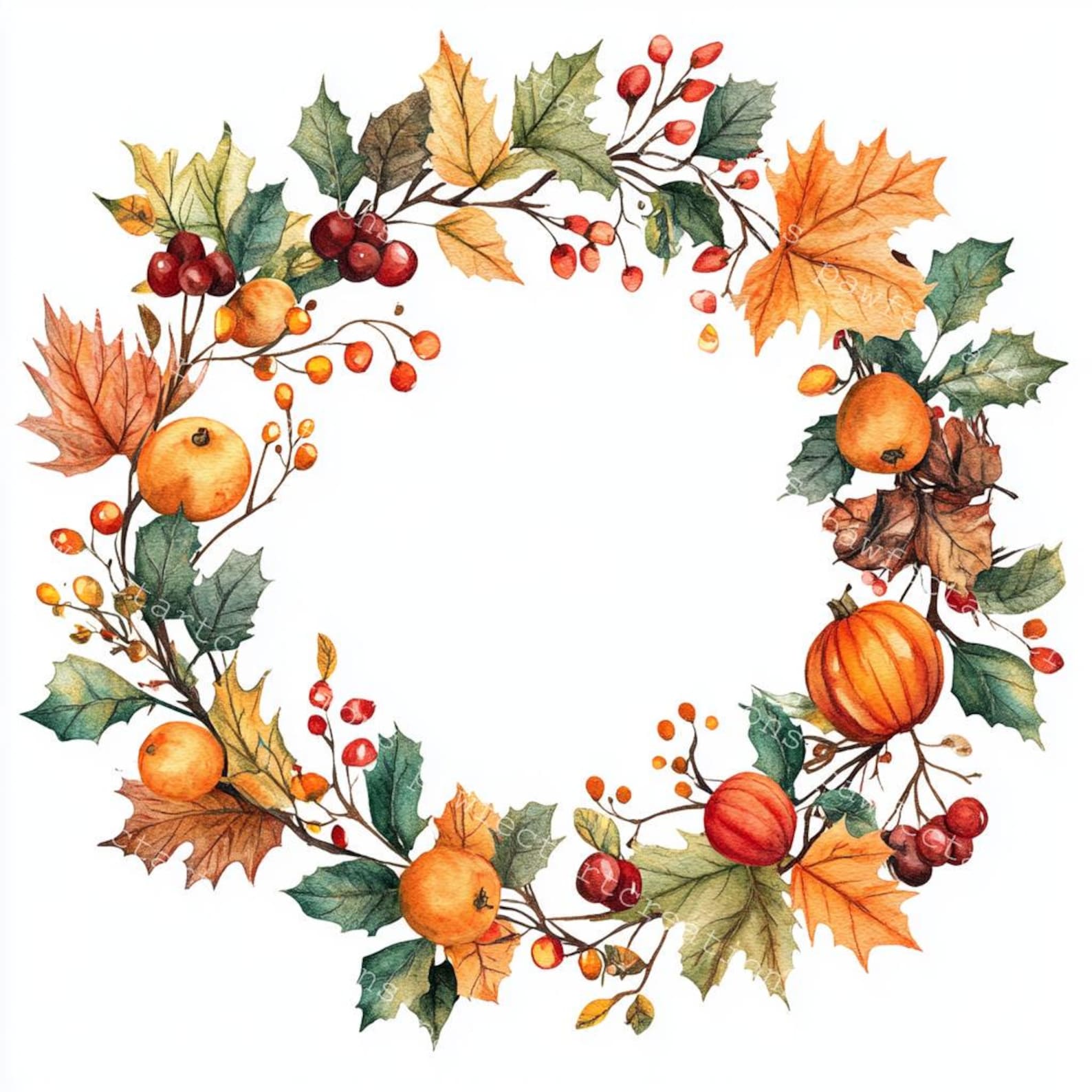 Autumn Leaves Wreath Clipart: Watercolor Fall Foliage (digital Download ...
