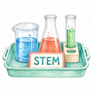 May include: A light green plastic tray containing a clear glass beaker filled with blue liquid, a conical flask with red liquid, a test tube with green liquid in a wooden holder, and a rectangular sign with the word STEM printed in blue.