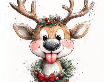 10 Funny Christmas Reindeer Clipart, Christmas Tree, Elk, Printable Watercolor, High-Quality JPGs, Papercraft, Junk Journal, Digital Craft