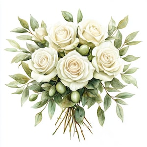 10 White Roses Bouquet Clipart,Wedding bouquet,Watercolor Floral, White Rose,Printable Watercolor, High-Quality JPGs,Papercraft,Junk Journal