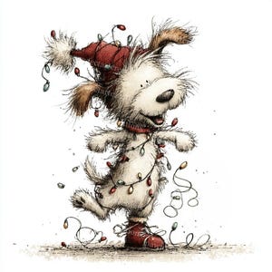 Puede incluir: Ilustración caprichosa de un perro con gorro y botas rojas de Papá Noel, adornado con una guirnalda de luces navideñas de colores. El perro tiene una expresión alegre, lo que sugiere un tema festivo.