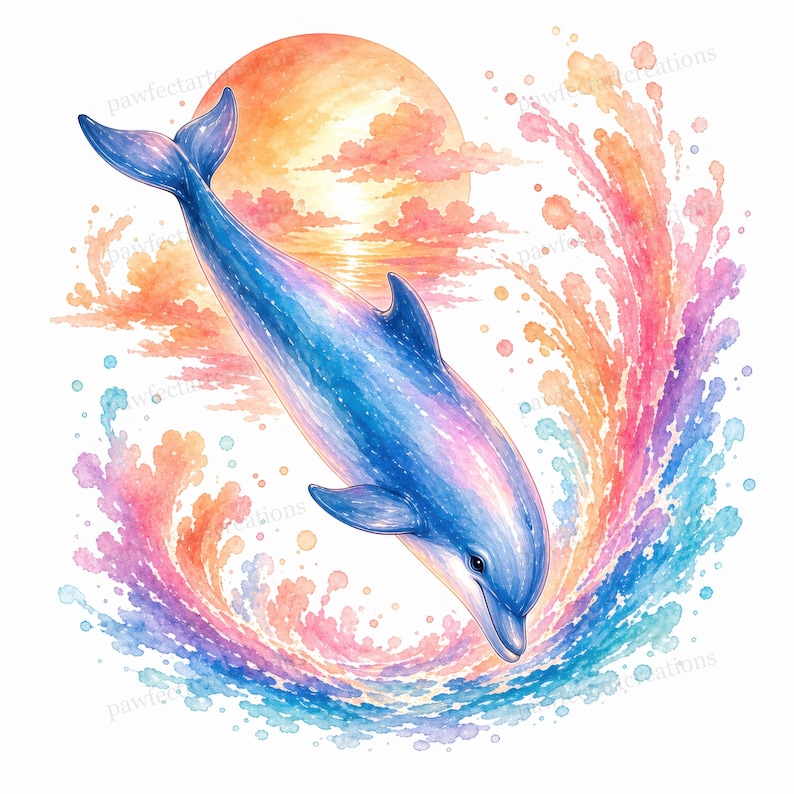 25 Sunset Dolphin Clipart, Cute Ocean Watercolor Art, Tropical Sea Life ...