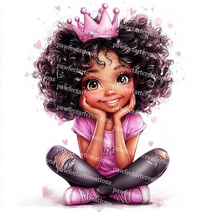 14 schrullig afroamerikanische Mädchen mit Krone Clipart, süßes Afro Mädchen, druckbares Aquarell, hochwertige JPGs, Papiermodell, Junk Journal