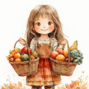 Thanksgiving Girl Clipart: Autumn Harvest Watercolor (Digital Craft)