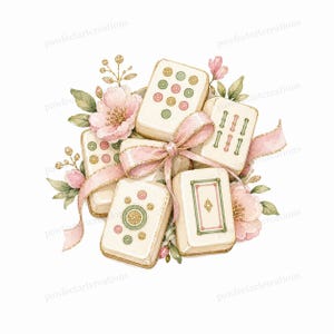 May include: Watercolor illustration of ivory-colored Mahjong tiles with pink, green, and gold accents, tied with a pink ribbon. The tiles are surrounded by pink flowers and green leaves, creating a decorative arrangement.