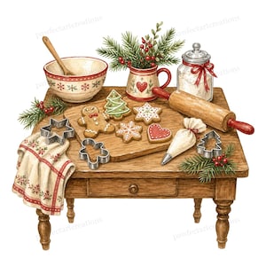 May include: Watercolor illustration of a wooden table set for baking Christmas cookies. The table holds a bowl, rolling pin, jar of flour, and various cookie cutters and decorated cookies. A sprig of greenery and a red and white towel add festive touches.