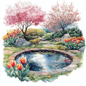 11 Blumengarten mit Teich Clipart, druckbares Aquarell, hochwertige JPGs, Papierkraft, Junk-Journal, digitaler Download, hohe Auflösung