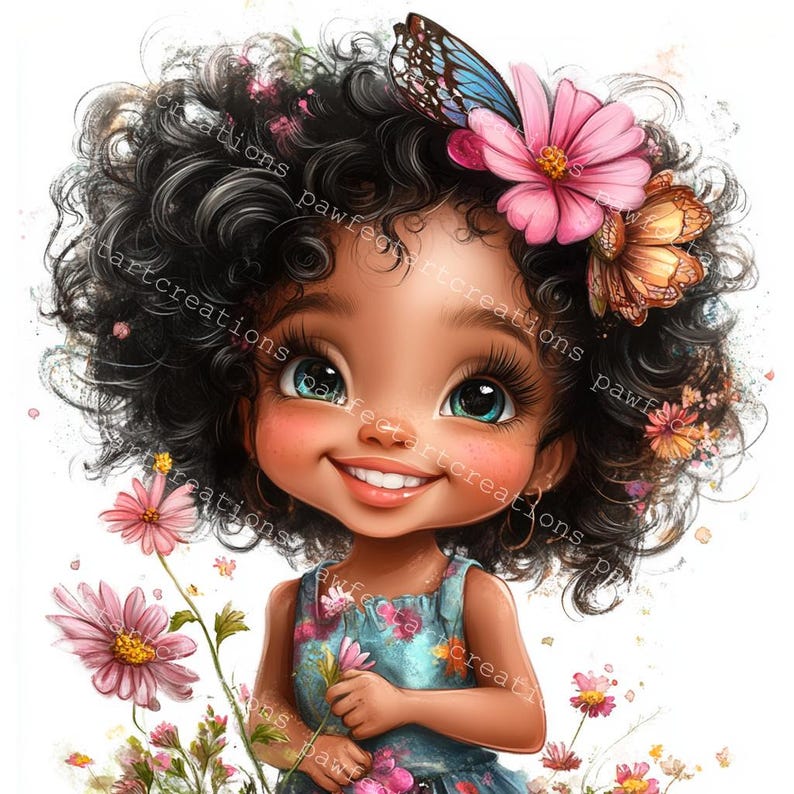 12 Quirky Black Girl With Flower Clipart, African Girl Clipart, Printable Watercolor, High-Quality JPGs, Junk Journal, Digital Craft