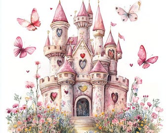 Pink Fairy Tale Castle Clipart: Watercolor Style (JPG & PNG Digital Download