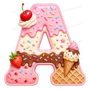 Op de afbeelding: Geïllustreerde letter 'A' ontworpen als dessert. De roze letter heeft een basis van aardbeienijs, chocoladedrizzle en een wafel. Versierd met een kers, sprinkles en een bolletje ijs. Een leuk, kleurrijk ontwerp.