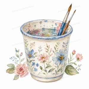 May include: Watercolor illustration of a ceramic water cup with blue and pink floral designs. Two paintbrushes are in the water-filled cup. The cup is decorated with blue trim and floral accents. A bouquet of flowers is at the base of the cup.