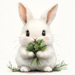 May include: A white rabbit with pink ears holds a bunch of green parsley in its paws. The rabbit is sitting on a white background with some green grass.