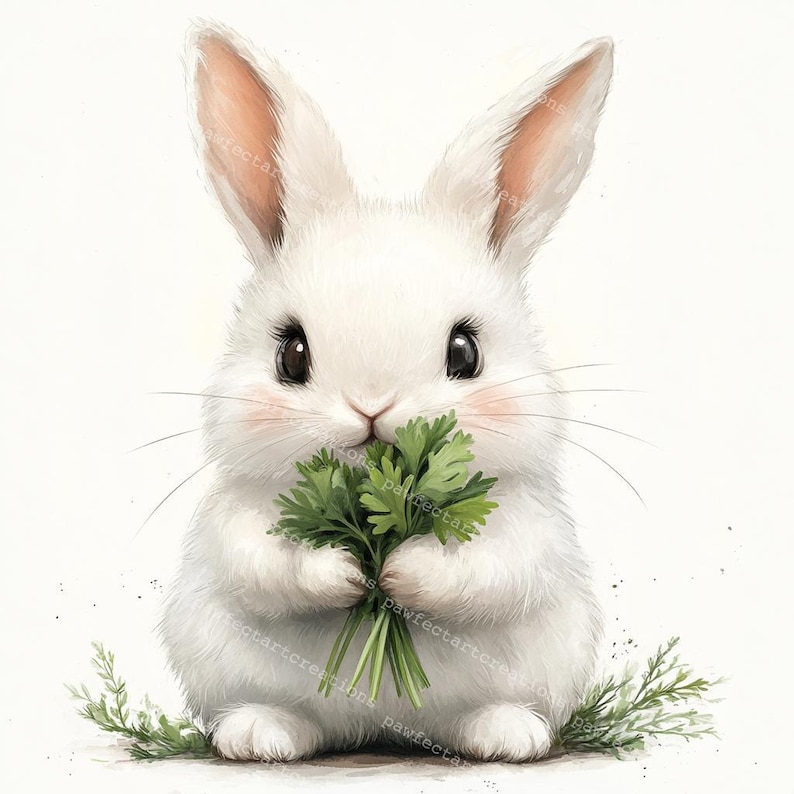 May include: A white rabbit with pink ears holds a bunch of green parsley in its paws. The rabbit is sitting on a white background with some green grass.