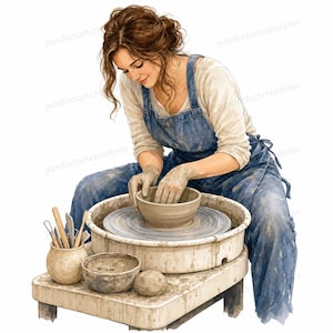 May include: A person with brown hair wearing a white long-sleeve shirt and blue denim overalls, shaping a clay bowl on a pottery wheel. A small ceramic jar containing wooden tools, a small bowl of clay, and a ball of clay sit on the work table.