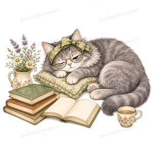 20 Cottagecore Reading Cats Clipart