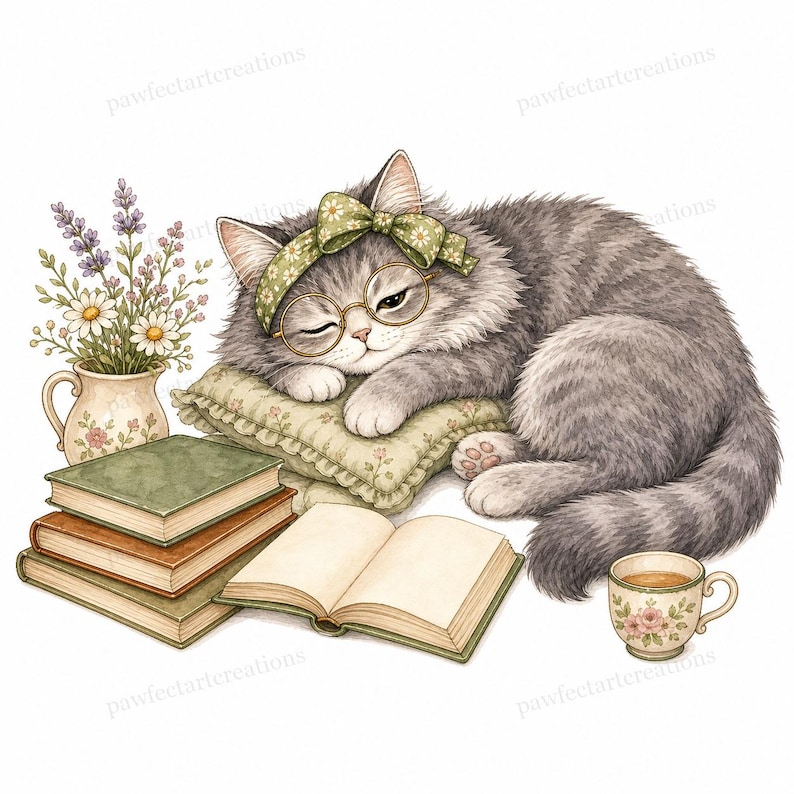 20 Cottagecore Reading Cats Clipart