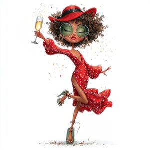 May include: Illustration of a woman in a red dress with white star patterns, holding a champagne glass. She wears a red hat, green sunglasses, and green heels. The image has the text "pawsfectartcreations".