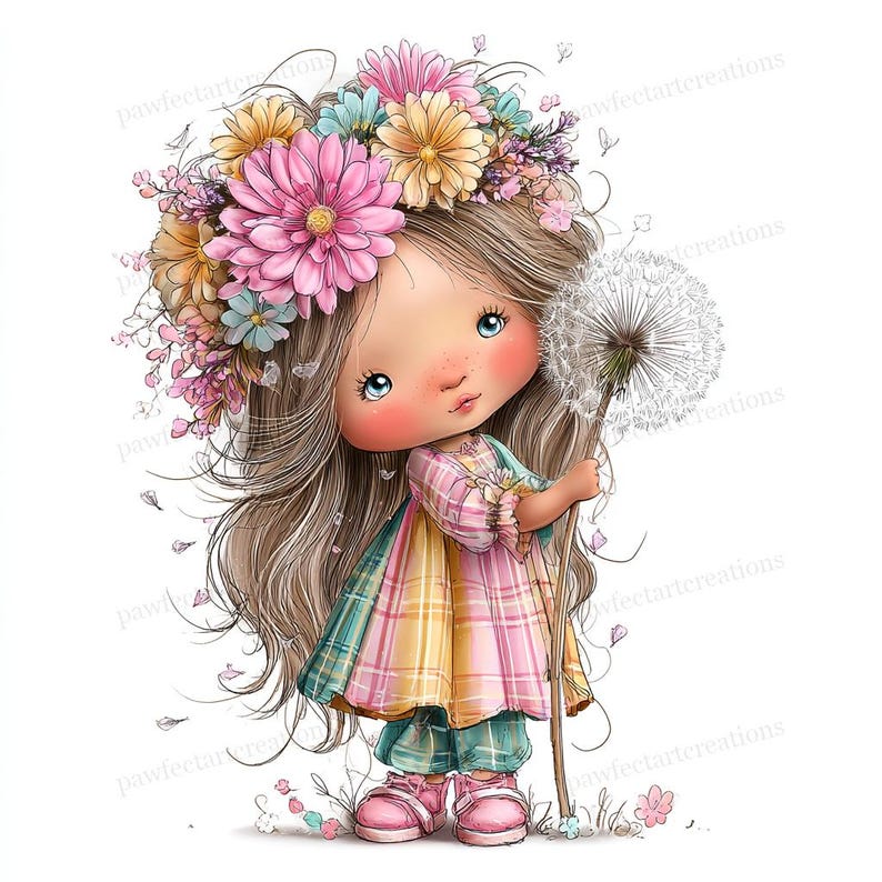 May include: A digital illustration of a young girl with long brown hair, wearing a floral crown and a plaid dress. She holds a dandelion and is dressed in pink shoes and green pants. The image has a soft, whimsical style with a white background.