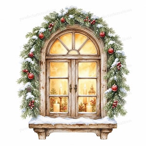 Op de afbeelding: Waterverfillustratie van een houten raam versierd voor Kerstmis. Het raam is versierd met een guirlande van dennentakken, rode ballen en bessen, bestrooid met sneeuw. Binnenin zijn brandende kaarsen en een lantaarn te zien.