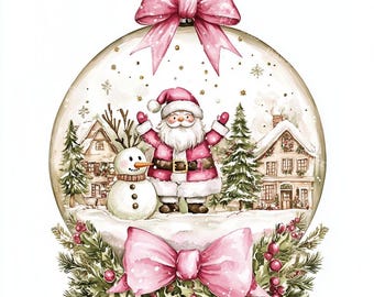 Pink Christmas Snow Globe Clipart: Watercolor JPGs (Digital Download)