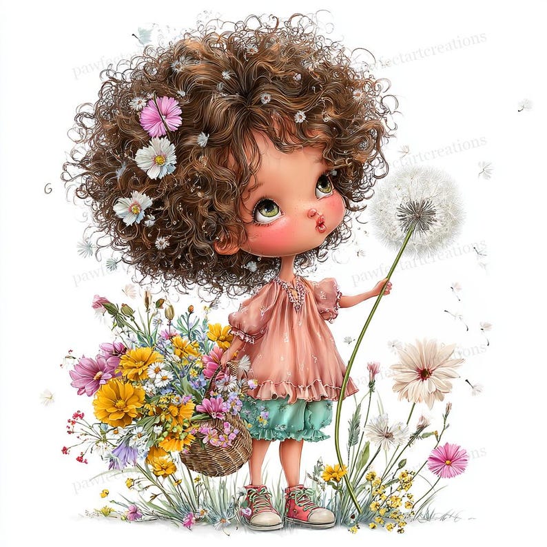 May include: A digital illustration of a young girl with curly brown hair adorned with flowers, holding a dandelion and a basket of colorful flowers. She wears a pink dress, teal shorts, and pink sneakers, standing in a field of wildflowers.