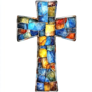 May include: A watercolor-style cross with a mosaic design. The cross is composed of irregular shapes in shades of blue, yellow, orange, and brown, outlined in a dark gray. The overall effect is reminiscent of stained glass.