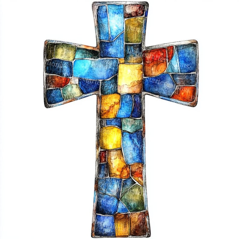 May include: A watercolor-style cross with a mosaic design. The cross is composed of irregular shapes in shades of blue, yellow, orange, and brown, outlined in a dark gray. The overall effect is reminiscent of stained glass.