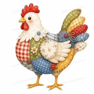 May include: A decorative chicken illustration featuring a patchwork design with various fabric patterns including red gingham, blue polka dots, floral prints, and yellow textures. The chicken has a red comb, yellow beak, and brown button accents.