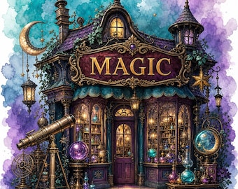 20 Magic Shop Storefront Clipart, Wunderliche Shop Storefront Clipart, Aquarell JPGs, digitaler Download, kommerzielle Nutzung