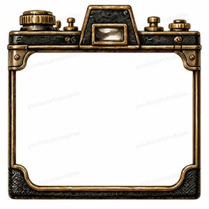 May include: A square-shaped picture frame designed to resemble a vintage camera. The frame features a black and metallic bronze finish with detailed knobs, buttons, and a viewfinder at the top. The central area is empty, framed by a metallic border.