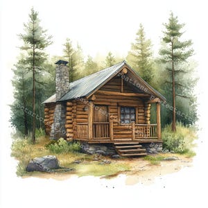 10 imágenes prediseñadas de cabaña en el bosque, casa en el bosque, acuarela imprimible, archivos JPG de alta calidad, manualidades de papel, diario basura, manualidades digitales