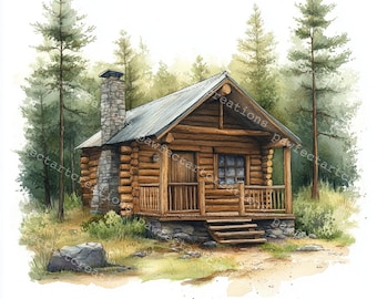 Cabaña en el bosque: Casa en acuarela (Descarga digital)