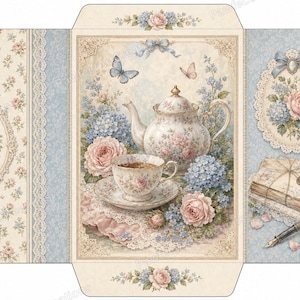 Peut inclure: Un modèle d'enveloppe en papier déplié orné d'un motif floral de roses et d'hortensias. Le panneau central présente une théière, une tasse sur une soucoupe et des papillons. Les panneaux latéraux incluent des lettres, un encrier et un stylo.