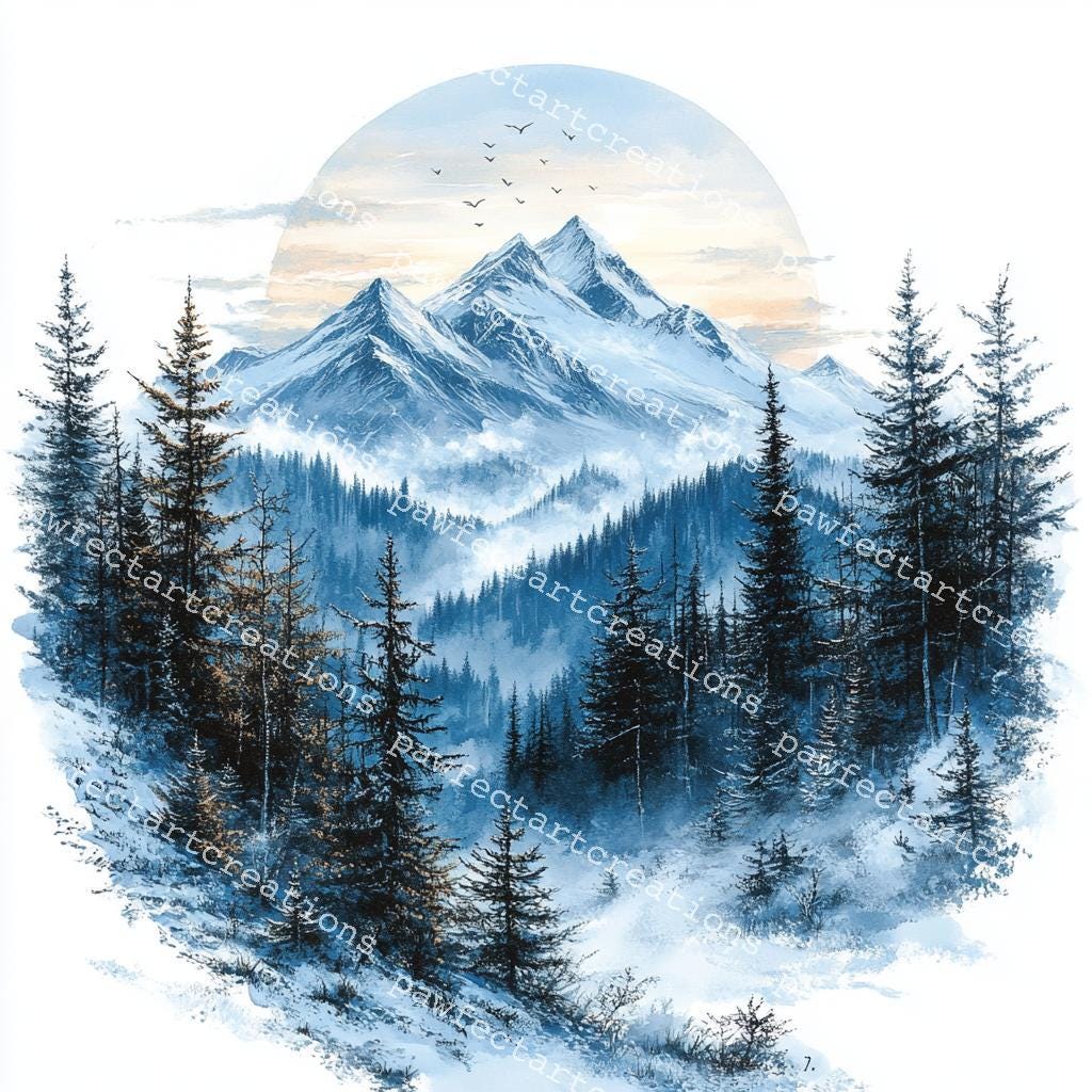 冬の山の水彩画クリップアート：雪に覆われた森のJPG（デジタル