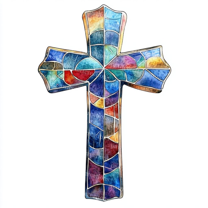 May include: A colorful stained-glass cross with a gold border. The cross features a mosaic of blues, reds, yellows, and greens. The design is reminiscent of a church window, with a watercolor effect.