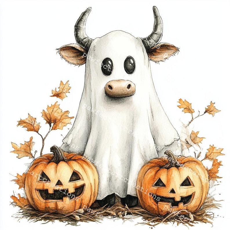 Halloween Ghost Cow Clipart: Watercolor Style Jpgs (digital Download ...