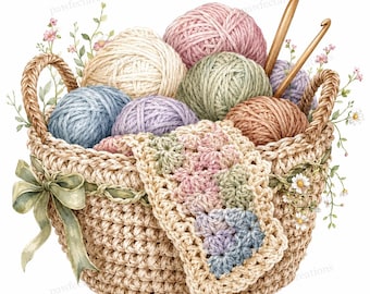 20 Häkelkorb Garn Clipart, Häkelkorb Garn Handwerk Kunst Aquarell JPGs, digitaler Download, kommerzielle Nutzung