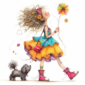 10 cliparts fille originale avec chien, cadeau pour amoureux des chiens, jolie fille, printemps, aquarelle imprimable, fichiers JPG de haute qualité, créations en papier, journal indésirable