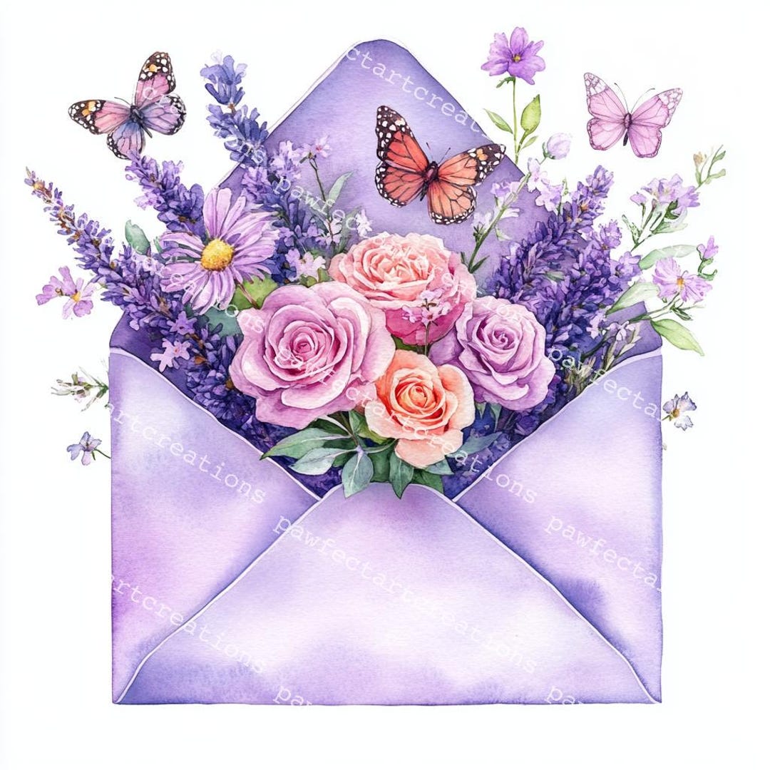 アート写真 20 Floral Envelope Clipart, Spring Decoration, Romantic