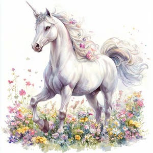 10 clipart de unicórnio extravagante em prado, unicórnio de fantasia, aquarela para impressão, JPGs de alta qualidade, papelaria, diário de lixo