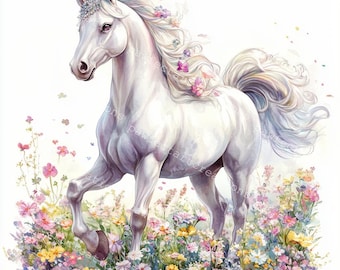 May include: A white unicorn with a silver crown and a horn runs through a field of colorful flowers. The unicorn has a flowing white mane and tail.